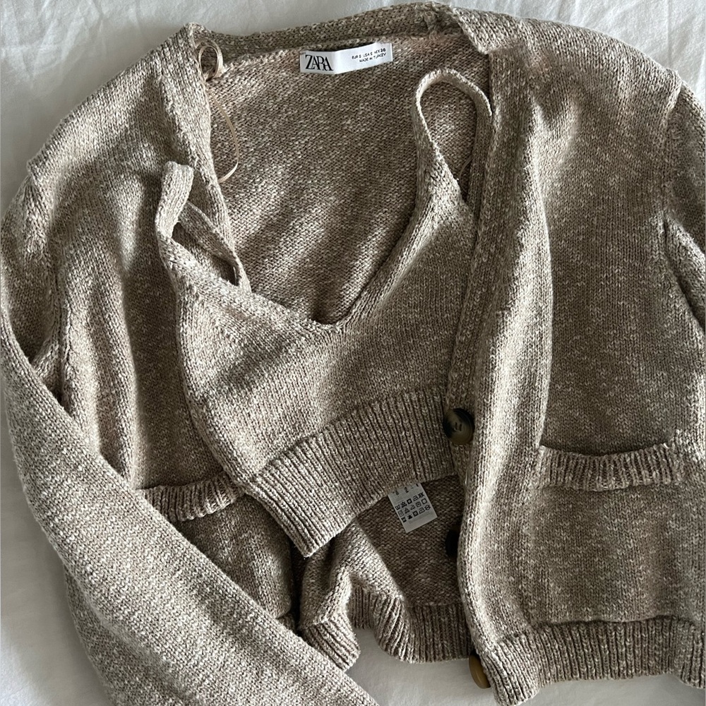Zara Beige Knit Crop Tank Top & Cardigan - Size XS